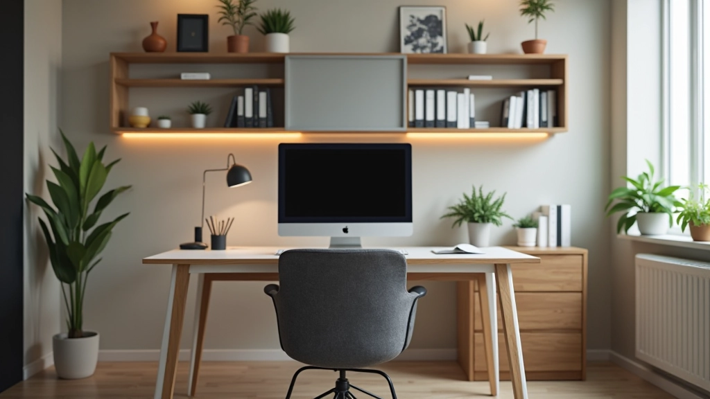 Professional workspace in home office with organized desk and comfortable seating