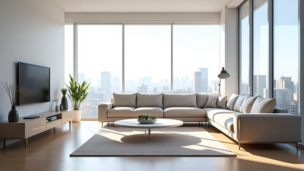 Modern furnished apartment living room with neutral furniture and bright windows