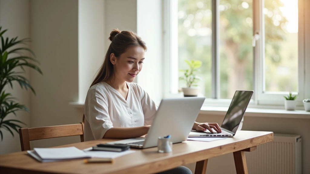 Professional sitting at desk in home office space with laptop and organized workspace